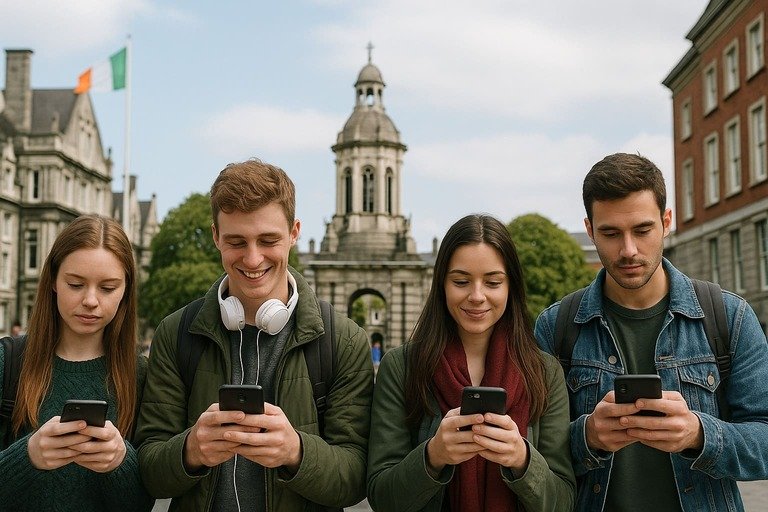 Estudiantes de inglés usando telefonía Irlandesa 