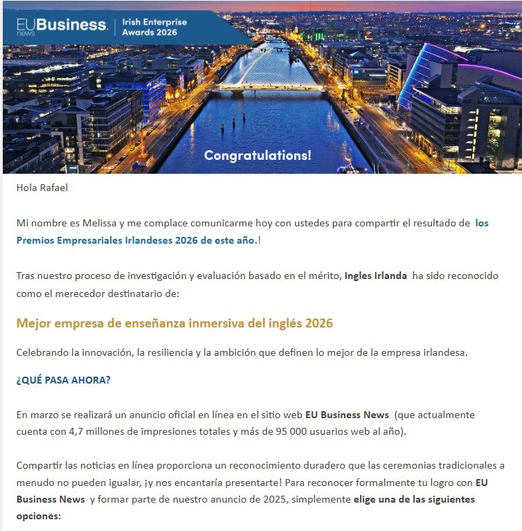 Inglés Irlanda galardonada como mejor agencia de educación inmersiva en Irlanda 2026 por EU Business News