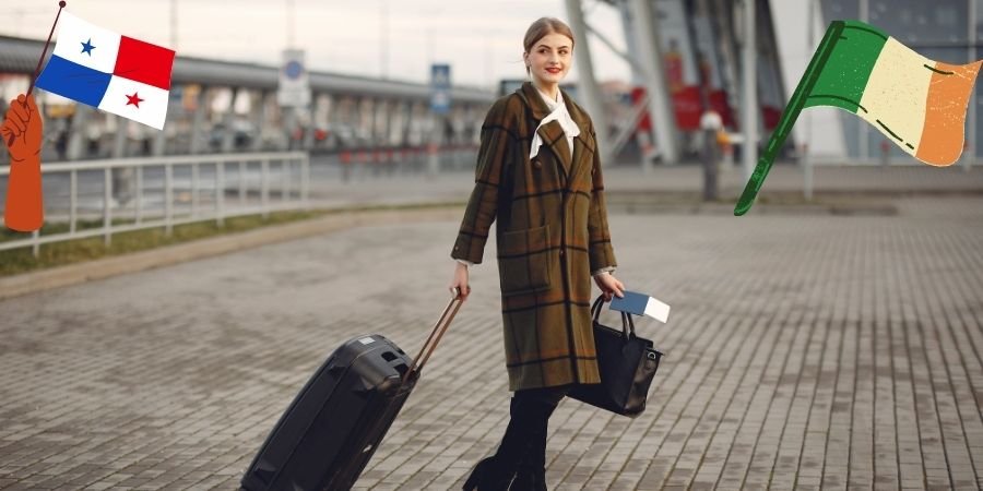 banderas y mujer viajando a Irlanda desde panamá
